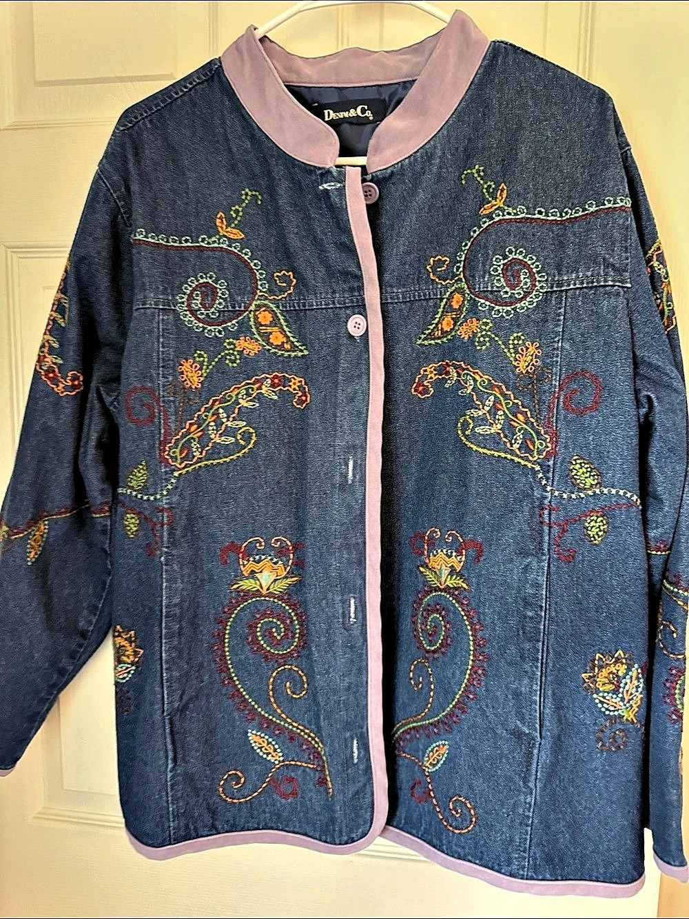 Denim & Co. Embroidered Denim Jacket in Blue & Pink